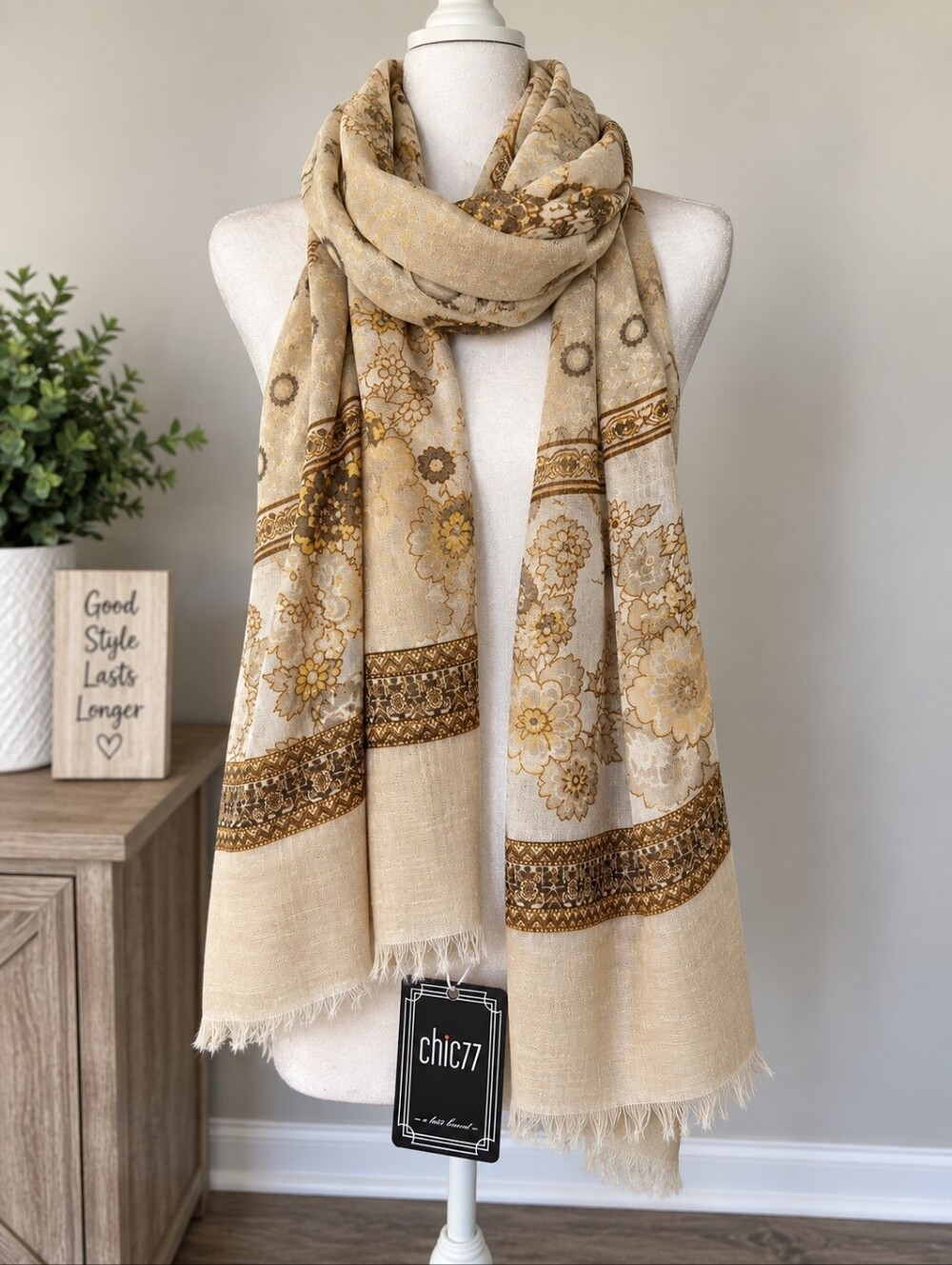 chic Beige and Gold Floral Decorative Scarf